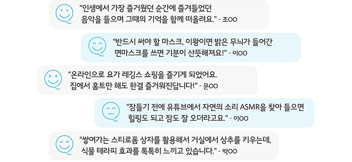 “인생에서 가장 즐거웠던 순간에 즐겨들었던 음악을 들으며 그때의 기억을 함께 떠올려요.” - 조OO, “반드시 써야 할 마스크, 이왕이면 밝은 무늬가 들어간 면마스크를 쓰면 기분이 산뜻해져요!” - 이OO, “온라인으로 요가 레깅스 쇼핑을 즐기게 되었어요. 집에서 홈트만 해도 한결 즐거워진답니다!” - 문OO, “잠들기 전에 유튜브에서 자연의 소리 ASMR을 찾아 들으면 힐링도 되고 잠도 잘 오더라고요.” - 이OO