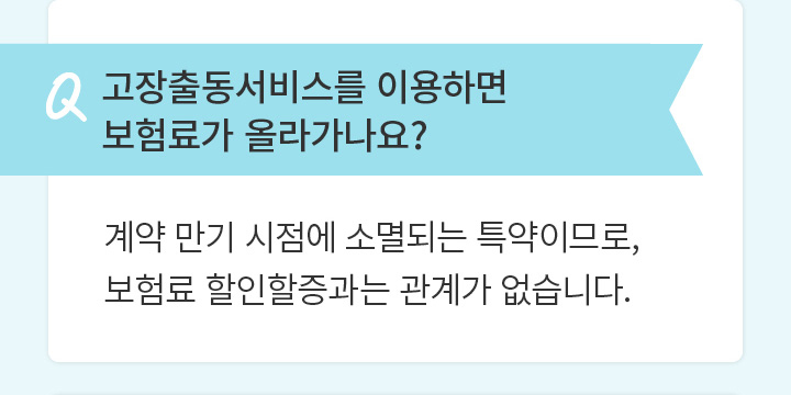 Q 고장출동서비스를 이용하면 보험료가 올라가나요? 계약 만기 시점에 소멸되는 특약이므로, 보험료 할인할증과는 관계가 없습니다.